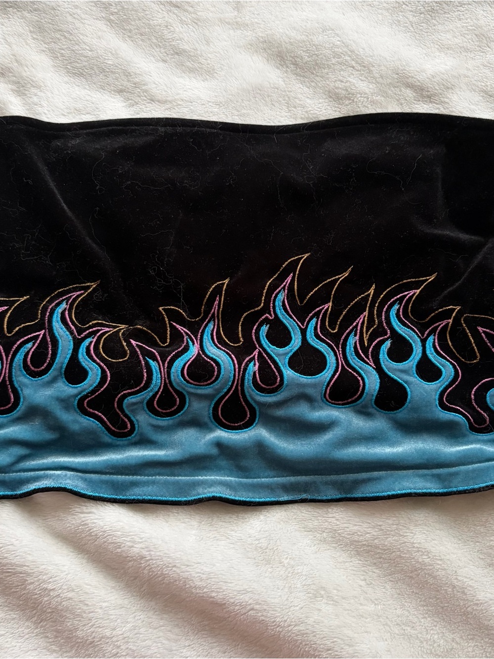 Black Velvet Mini Skirt with Blue Flame Embroidery
